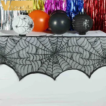 Decoración de Halloween Telaraña Chimenea Bufanda de Encaje Negro de tela de Araña Manto para el Hogar Fiesta de Halloween Decoración de Adornos de Halloween