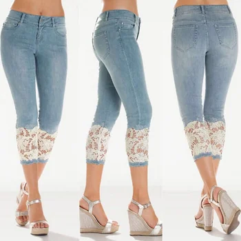 Nuevos pantalones de mezclilla Para Mujer de Encaje de Empalmado de Ternera de la Longitud de los Pantalones de Moda Azul Casual Lápiz Pantalones de Talla Plus S-5XL