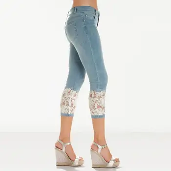 Nuevos pantalones de mezclilla Para Mujer de Encaje de Empalmado de Ternera de la Longitud de los Pantalones de Moda Azul Casual Lápiz Pantalones de Talla Plus S-5XL