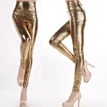 Dama de la moda delgado leggings de talle Alto Flaco legging de mujer de oro negro de la serpiente impreso pantalón pequeño tamaño de los pantalones de cuero de imitación
