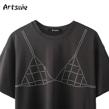 Artsnie gris oscuro diamantes camiseta de las mujeres de verano de gran tamaño o de cuello tops de manga corta de mujer ropa casual de algodón t-shirt mujer