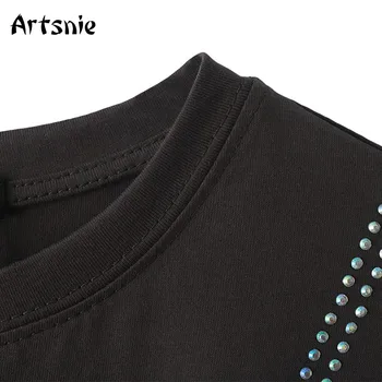 Artsnie gris oscuro diamantes camiseta de las mujeres de verano de gran tamaño o de cuello tops de manga corta de mujer ropa casual de algodón t-shirt mujer