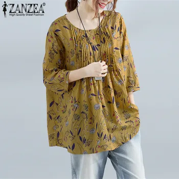 Más el Tamaño de ZANZEA 2021 Verano de las Mujeres Blusa Suelta de la Impresión Floral de la Camisa de Lino de Algodón Superior de 3/4 De la Manga de la Blusa Feminina Casual Camisa