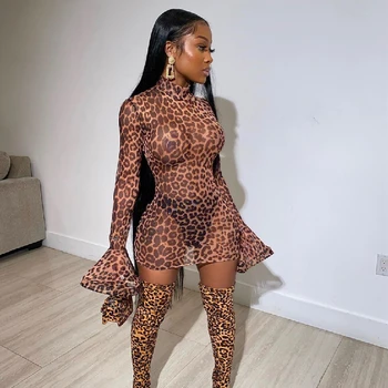ANJAMANOR de Leopardo de Impresión de Malla translúcida del Club Sexy Vestido de Ver a Través de la Llamarada de Manga Larga de Bodycon Mini Vestidos de Primavera 2020 D21-AA73