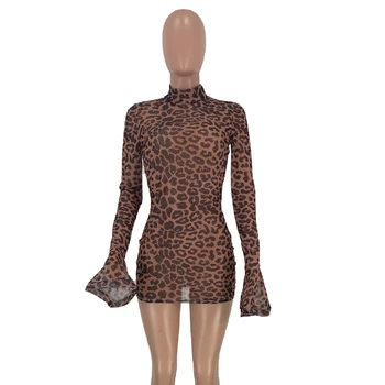 ANJAMANOR de Leopardo de Impresión de Malla translúcida del Club Sexy Vestido de Ver a Través de la Llamarada de Manga Larga de Bodycon Mini Vestidos de Primavera 2020 D21-AA73