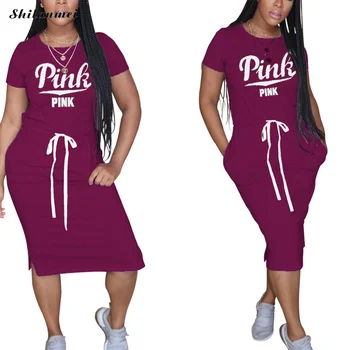2020 T Camisa De Vestir De Moda Femenina Ropa Casual Vestido De Las Mujeres De Graffiti Rosa Carta De Impresión Suelta Cordón Largo Maxi Vestidos