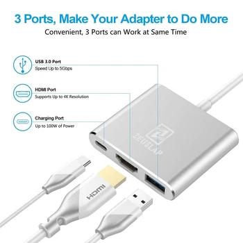 ZEUSLAP TIPO C HUB HDMI USB 3.0 TIPO C Adaptador para Macbook Pro/Air Thunderbolt 3 USB Tipo C Hub HDMI 4K Puerto USB 3.0 y USB-C