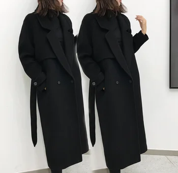 Plus tamaño 3XL!El invierno de las mujeres chaqueta de lana de la moda nueva de mediano a largo suelto abrigo de lana negro delgado de manga larga ropa de abrigo