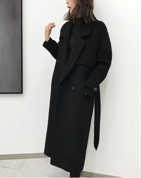 Plus tamaño 3XL!El invierno de las mujeres chaqueta de lana de la moda nueva de mediano a largo suelto abrigo de lana negro delgado de manga larga ropa de abrigo