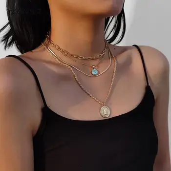 IngeSight.Z 4Pcs/Set de Múltiples Capas de la Vendimia Talló Moneda Humanos de la Cabeza Colgante de Collar de las Mujeres del Color del Oro Gargantilla Collares de la Joyería