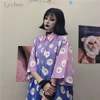 Lichi Harajuku Gradiente de Margarita de Impresión de las Mujeres Blusas de Verano Casual de Manga Corta Casual Tops BF Estilo Irregular Camisas de las Señoras