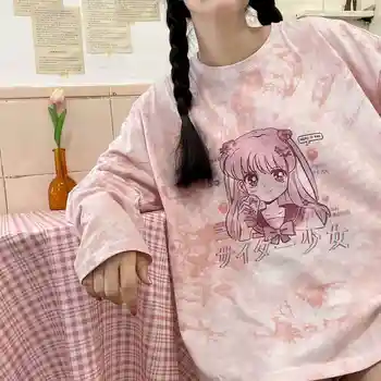 Camiseta de mujer de Otoño Japonés de manga larga femenina ins universidad tie-dye rosa niña de impresión suelta coreano t-shirt estudiante de la superior