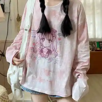 Camiseta de mujer de Otoño Japonés de manga larga femenina ins universidad tie-dye rosa niña de impresión suelta coreano t-shirt estudiante de la superior