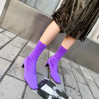 Otoño Calcetín Botas para las Mujeres del Dedo del pie Cuadrado Resbalón En el Tramo Botas de color Púrpura Negro Partido Cómodo Corto Botas de Tacón Alto Botas de Mujer