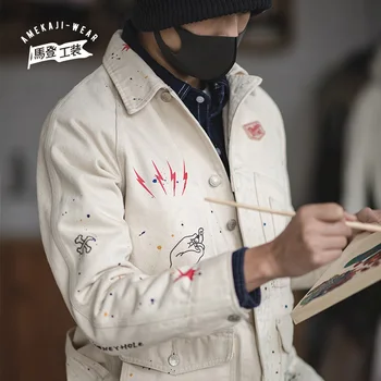 Maden Grafiti Chaquetas Para los Hombres Utillaje francés Retro Caza Casual Blanco Chaqueta de Mezclilla Camisa Slim parte Superior Japonés Chaqueta de los Hombres de Tendencia