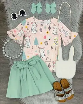 Lindo niño de Niño de las Niñas de Bebé Conejito de Pascua Trajes de Manga Acampanada lindo conejo camiseta verde Superior Bowknot Faldas de 2 pcs de verano sunsuit