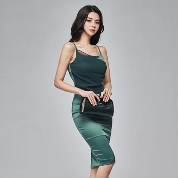 Verde de Una sola pieza de Corea del Vestido de las mujeres de Verano sin Mangas de cuello redondo de la Mancha Vestido Sexy Ladies Club correas Midi bodycon Vestidos