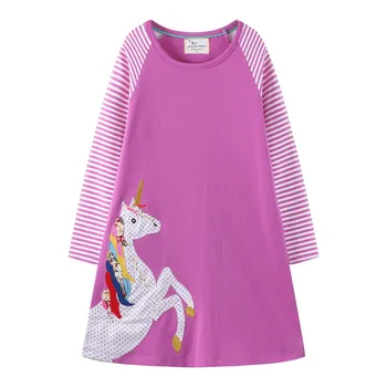 Saltando metros Bebé unicornio vestidos para los niños de las niñas vestidos de manga larga de los niños vestido de otoño en primavera bolsillos de la princesa vestido de fiesta