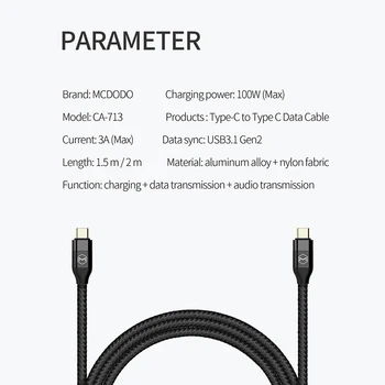Mcdodo USB 3.1 Tipo C A USB Cable de Datos Para el MacBook Pro Portátil 100W PD3.0 Carga Rápida 4.0 Para el Samsung Xiaomi Audio 4K TV
