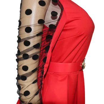 Las mujeres Vestido de Patchwork Ver a Través de Mangas Largas de Lunares O Cuello con la Correa de la Cintura Plisado Una Línea Elegante Elegante Vestidos de Negro Rojo