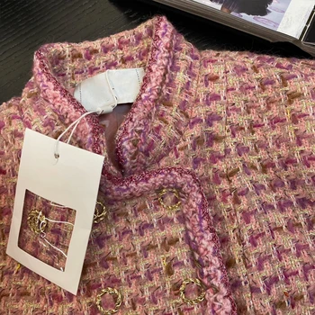 Nuevo estilo pequeño fragancia de tejido de tweed Rosa de Doble Botonadura temperamento de la Celebridad Slim Fit abrigo de niña