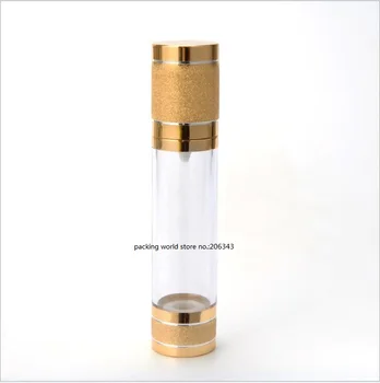 50ML de oro de plástico sin aire de la botella para muestras de suero/loción/fundación/aceite/gel/emulsión recargable portátil del cuidado de piel de embalaje de cosméticos