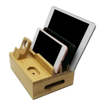 Bambú Soporte De Almacenamiento De Múltiples Dispositivos De Escritorio De Office Home Tablet Teléfono De La Estación De Carga Sólida Universal Reloj Inteligente Organizador