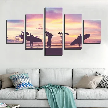 Carteles y Grabados de 5 Paneles de Lienzo de Pintura de Impresión Enmarcada Arte de la Pared de Surf de Imagen para la Sala de estar