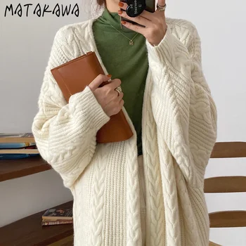 MATAKAWA Ropa de Patrón Suelto Gruesa Cálido de Larga Chaquetas Abrigo de Mujer de Corea del Otoño e Invierno Suéter Retro Suelto Chaqueta de las Mujeres