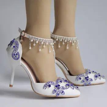Cristal De La Reina Azul Rhinestone De La Perla Blanca De La Boda Zapatos De Fino Tacón Zapatos De Novia Zapatos De Tacón Alto Mujer Parte De Tobillo Sandalias De Correa