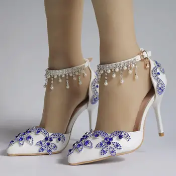 Cristal De La Reina Azul Rhinestone De La Perla Blanca De La Boda Zapatos De Fino Tacón Zapatos De Novia Zapatos De Tacón Alto Mujer Parte De Tobillo Sandalias De Correa