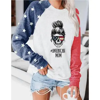 Calle hipster jersey suéter Camiseta de la bandera Americana del cráneo de la hembra de impresión t-shirt de manga larga pullover