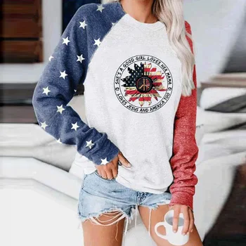 Calle hipster jersey suéter Camiseta de la bandera Americana del cráneo de la hembra de impresión t-shirt de manga larga pullover