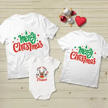 Navidad Ropa de Bebé Camiseta de Manga Corta de Algodón Mameluco de la coincidencia de la familia de los modelitos de Mamá, Papá Y Bebé de la Navidad Trajes Para Niños