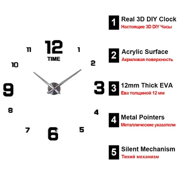 47inch Reloj de Pared de Diseño Moderno Relojes de Cuarzo Relojes de Moda de la etiqueta Engomada del Espejo de la Sala de Decoración 3D DIY Gran Reloj de Pared de Acrílico