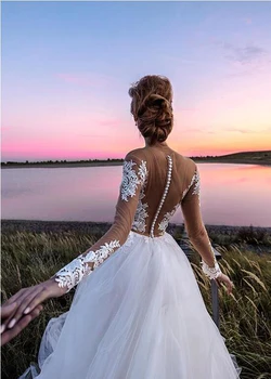 Bohemio Vestido de Novia 2020 Apliques de Encaje de la Playa Vestidos de Novia de Tul Ilusión Mangas Largas Vestidos de Novia vestido de noche