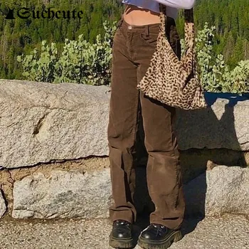 SUCHCUTE Sólido Pantalones de Pana de las Mujeres de la Vendimia de los años 90 Traje de Corredores de Mujer Ropa de Cintura Alta Y2K la Moda Gótica Recta Pantalones