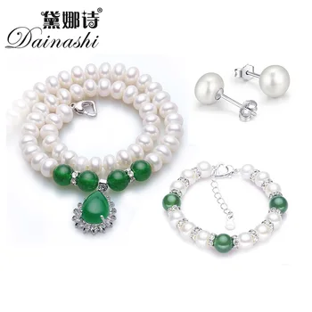 Dainashi nueva naturales de grandes 9-10 mm collar de las mujeres de los pendientes y la pulsera conjuntos con perla de agua dulce verde ágata para las mujeres