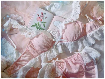Retro Japonés Sexy Lindo de Encaje Lencería Mi Melodía Conjunto de Ropa interior de las Mujeres Blanco Rosa Sujetador y Panty Tanga Bragas Princesa ropa de Dormir
