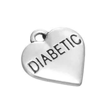 EUEAVAN 30pcs Advertencia de Salud Encanto Diabéticos Palabra Grabada En Forma de Corazón Colgante de la Aleación de Zinc Joyas de Encontrar