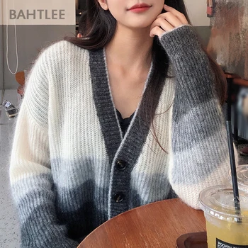 BAHTLEE Primavera Otoño de la Mujer de Mohair Cardigan Sweater de rayas de Gradientes de Color de Punto Cuello en V Sólido de Mangas Largas Abrigo de Lana Delgada