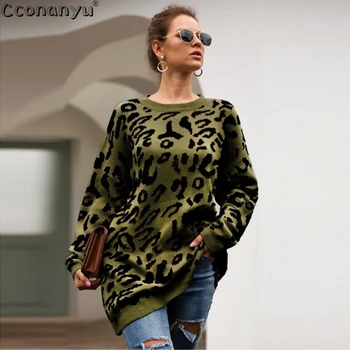 2019 Otoño invierno ropa de las señoras suéter largo para mujer de la moda suelta jerséis y sudaderas de leopardo de impresión suéter de punto