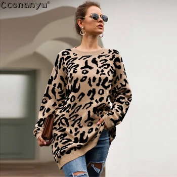 2019 Otoño invierno ropa de las señoras suéter largo para mujer de la moda suelta jerséis y sudaderas de leopardo de impresión suéter de punto