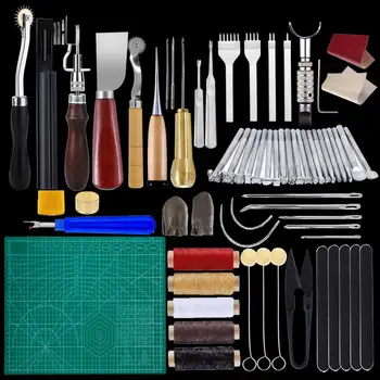 MIUSIE 60 PCS Práctica Artesanía en Cuero de Costura Punch Tool Kit Cortador de la Talla de Trabajo de Costura Leathercraft Conjunto de herramientas Para Principiantes