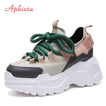 Aphixta Zapatos de Plataforma de Mujer el Aumento de Altura de Tobillo Botas de Colores Mezclados Lycra cordones de las Niñas Estudiante Zapatos de Lycra, Botas de Moda