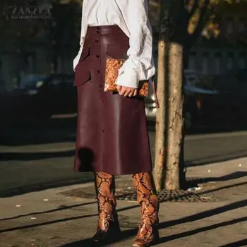 Más el Tamaño de las Mujeres de Split Frontal Vestidos ZANZEA 2021 Elegante de Cuero de la PU Faldas Casuales Primavera Cintura Alta Bolsillos Faldas Sólido Túnica