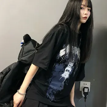 InsGoth Harajuku Suelta la camiseta de las Mujeres de la Estética Grunge té Negro Gótico Punk Impreso de la Bruja de T-shirts Ropa de Hip Hop Femenino Superior