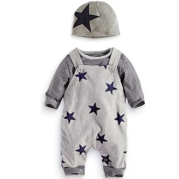 2020 Lindo el Otoño de Ropa de Bebé Recién nacido Bebé Niño Estrella Dungree 3pcs Conjunto de Bebé de Manga Larga, Camisa de rayas+Pantalones+Hat Conjunto de Niños