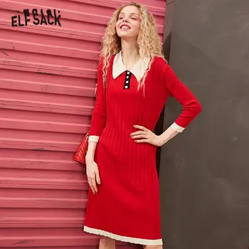 ELFSACK Negro Sólido Botón de punto Casual, Vestidos de las Mujeres 2020 Rojo de Primavera colores combinados de la Vendimia Caída de Hombro de la Manga de las Señoras Vestido de Diario