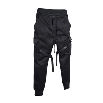 Hombres Pantalones De Carga De Cintas Negras Bloque Multi-Bolsillo 2021 Harén De Corredores De Harajuku Sweatpant Hip Hop Casual Masculina Pantalones